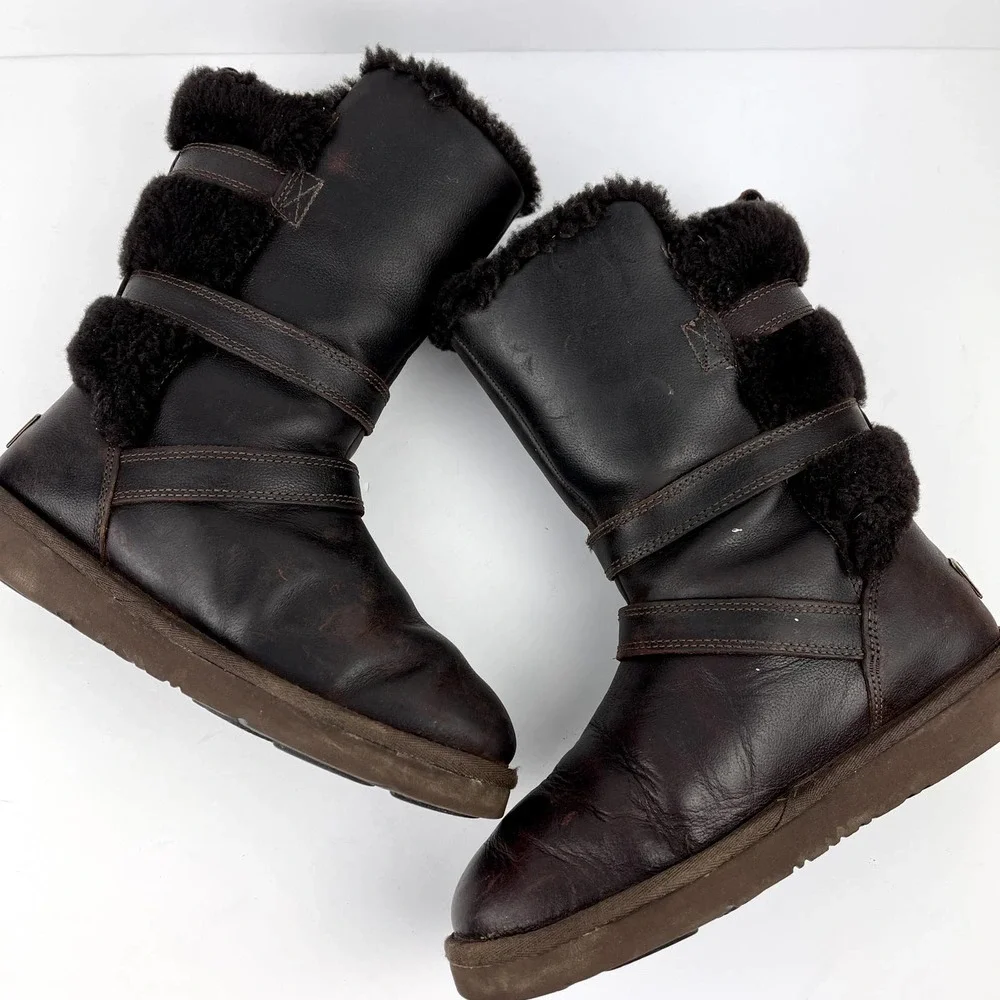 UGG Becket Shearling & Leather Water Resistant Buckle Boot Dark Brown 6 - Picture 8 of 12